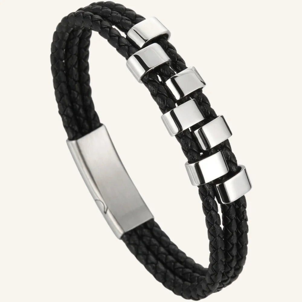 bracelet cuir tressé triple et acier superposé