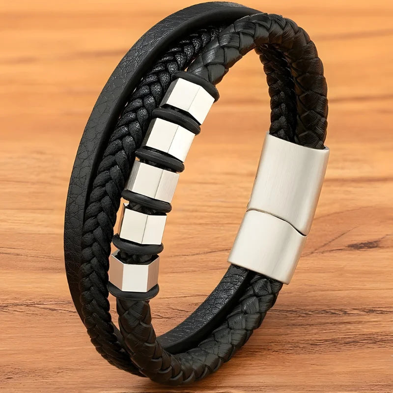 bracelet cuir triple acier argenté
