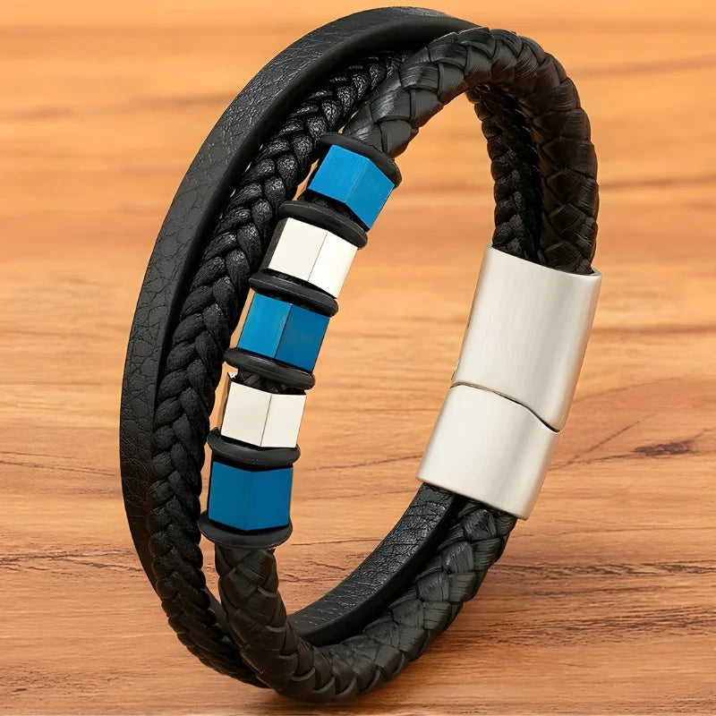 bracelet cuir triple acier bleu