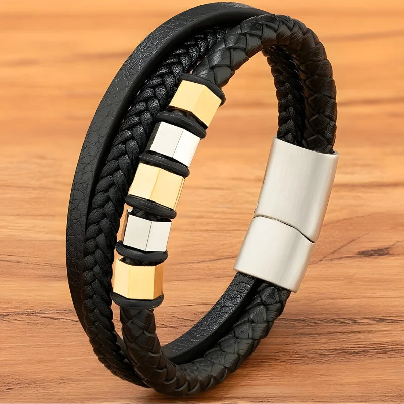 bracelet cuir triple acier doré