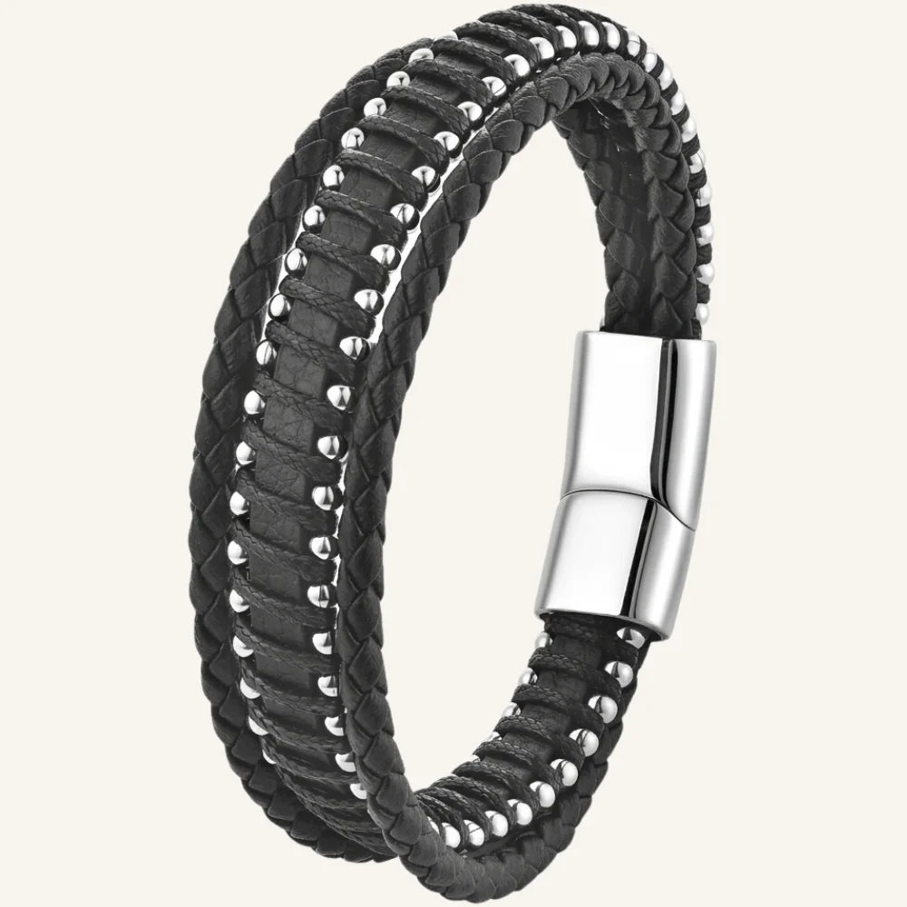 bracelet cuir triple et billes en acier