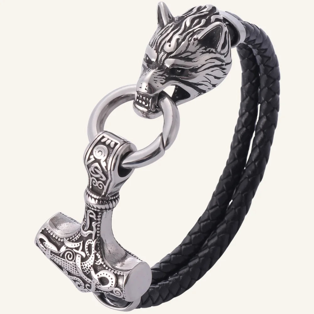 bracelet cuir viking loup et marteau