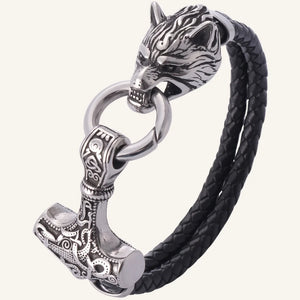 bracelet cuir viking loup et marteau
