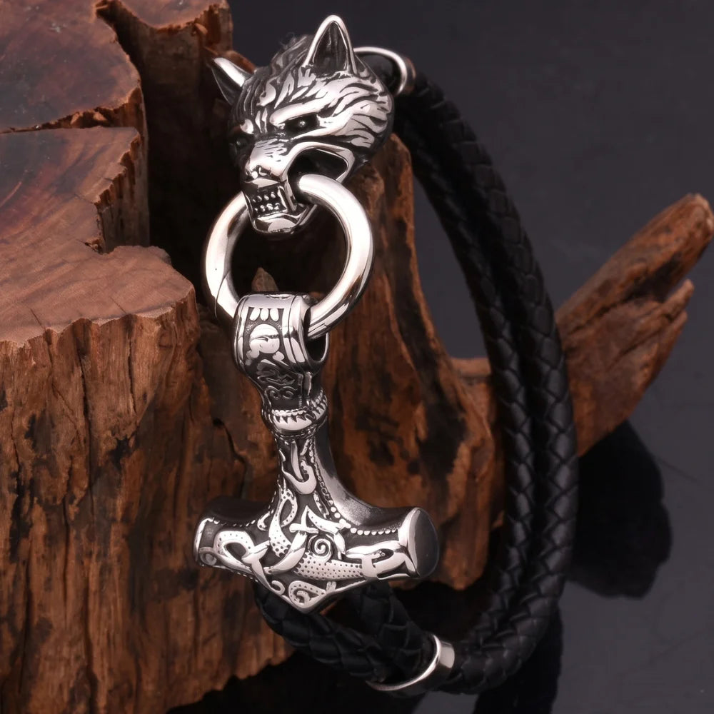 bracelet cuir viking loup marteau