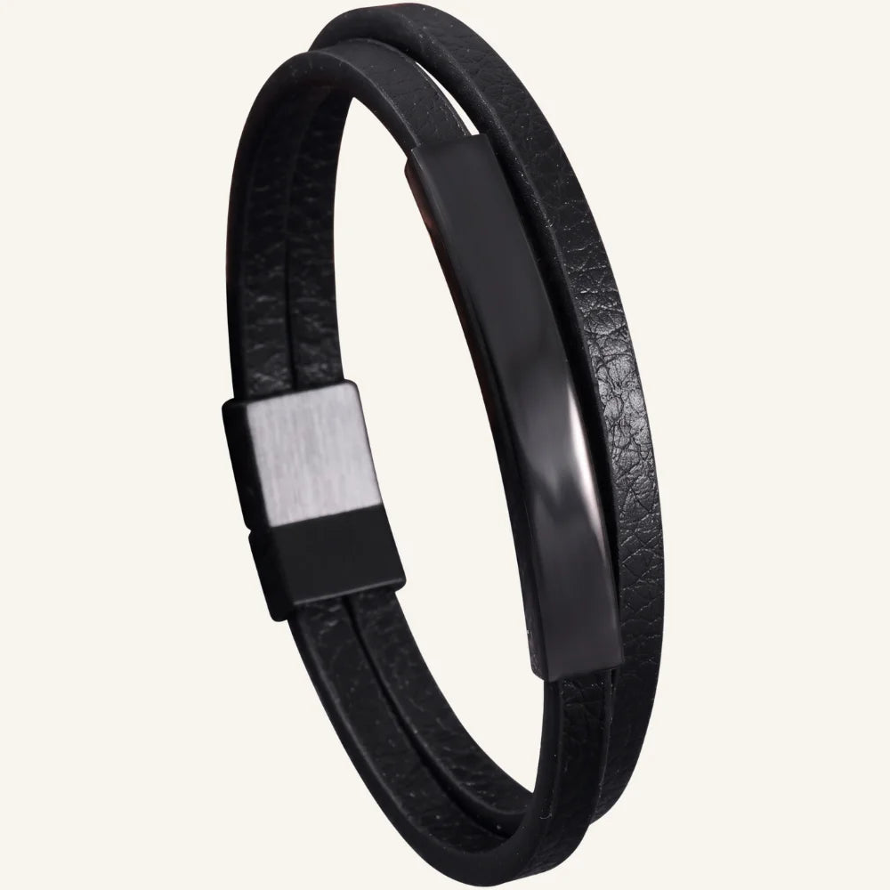bracelet double cuir plaque acier
