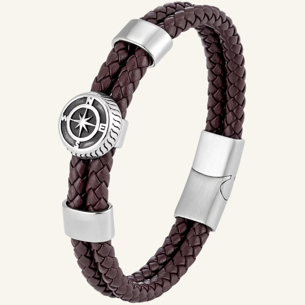 bracelet double cuir tressé et boussole