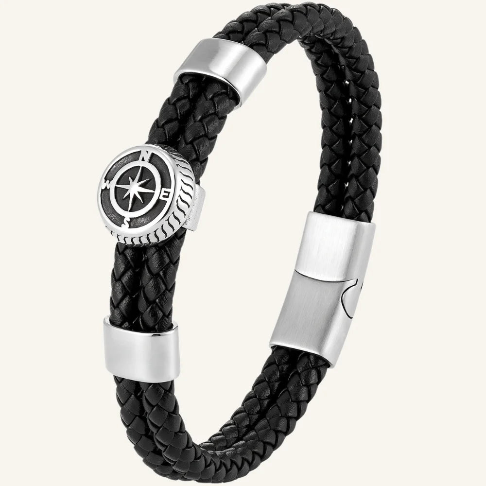 bracelet double en cuir tressé et boussole