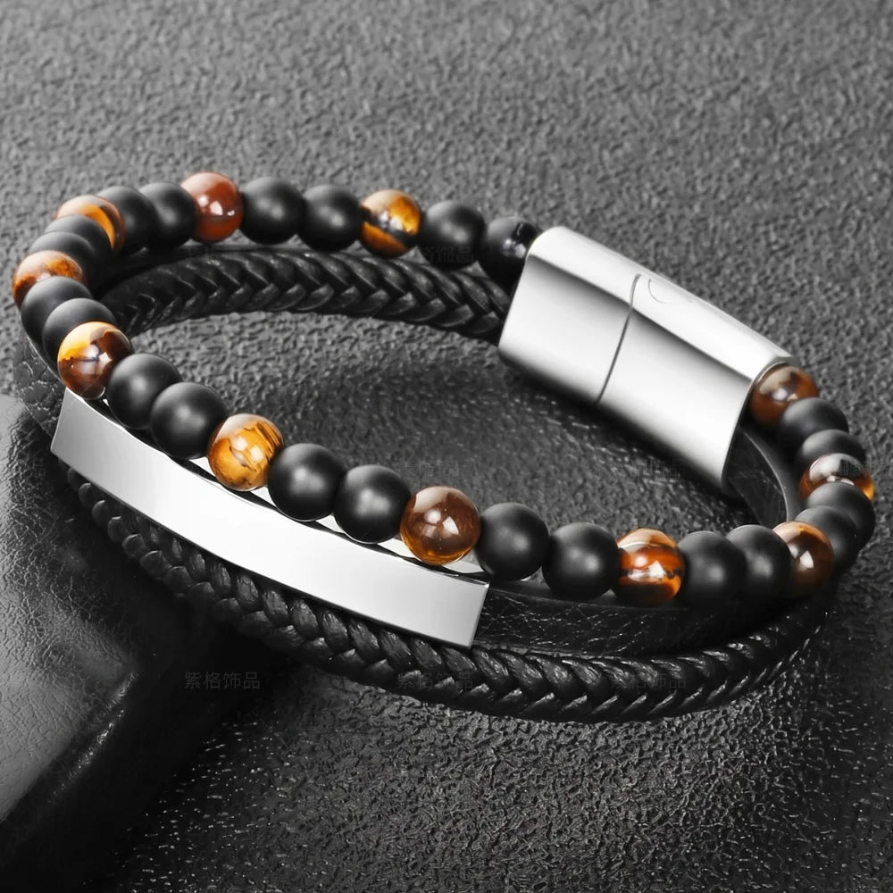 bracelet en cuir acier œil de tigre argenté