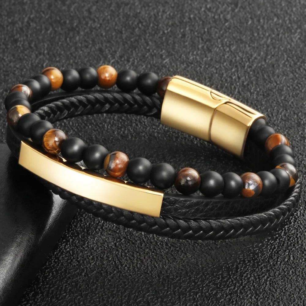 bracelet en cuir acier œil de tigre doré
