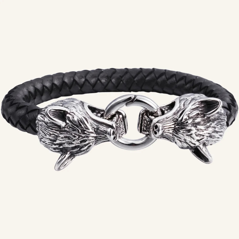 bracelet en cuir double tête de loup