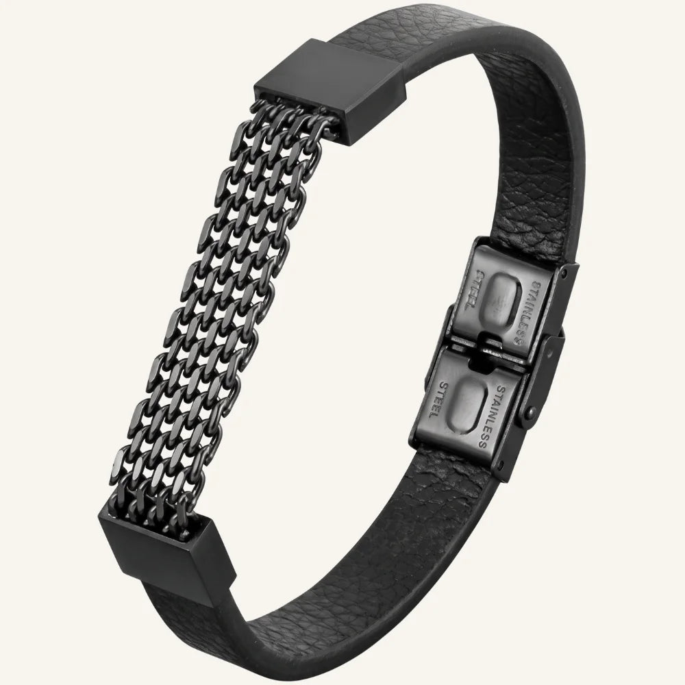 bracelet en cuir et acier maille