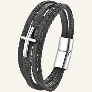 bracelet en cuir et acier multi-rangs croix