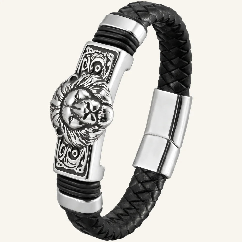 Bracelet en cuir et acier tête de lion