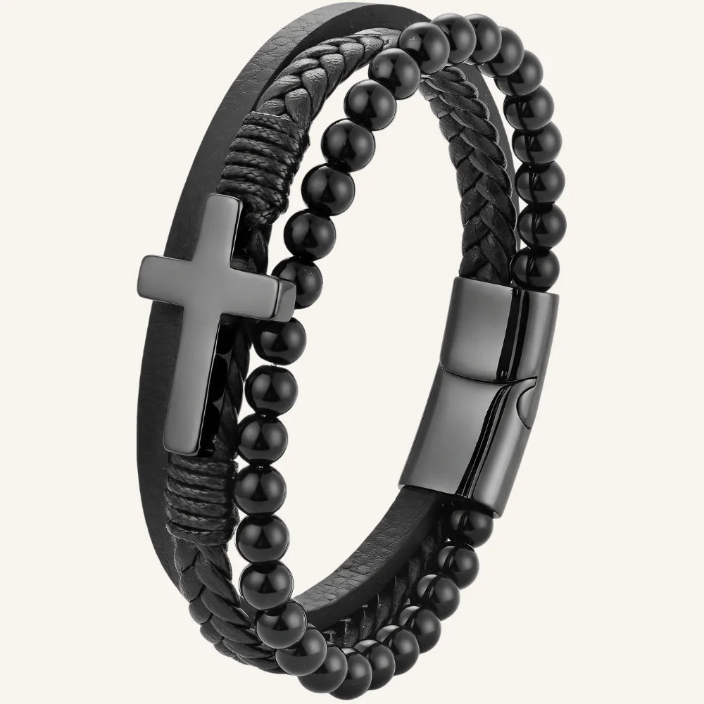 bracelet en cuir et pierres naturelles croix