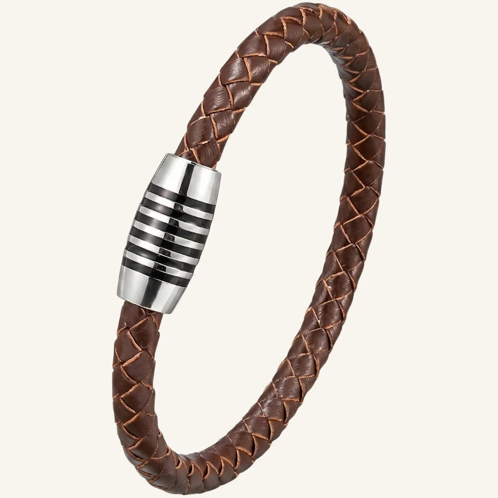 bracelet en cuir homme acier argenté marron
