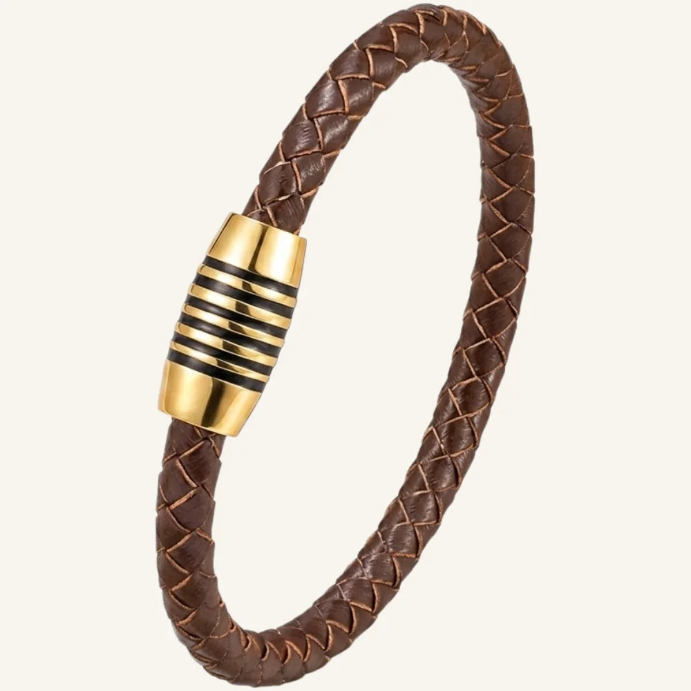 bracelet en cuir homme acier doré marron