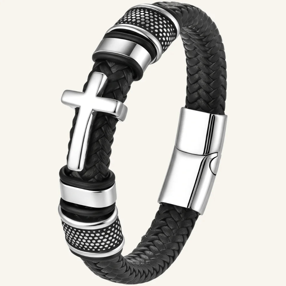 bracelet en cuir homme et acier croix