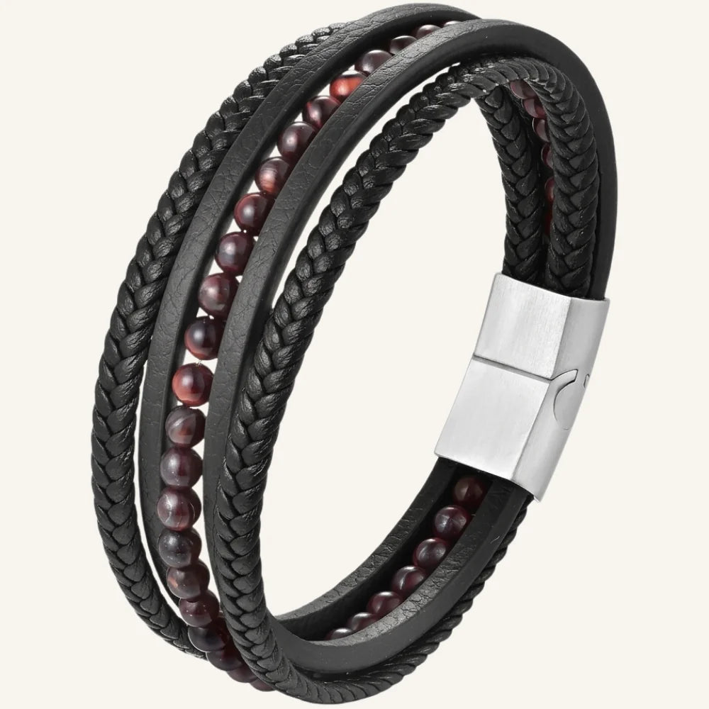 bracelet en cuir homme multi-rangs et pierres naturelles