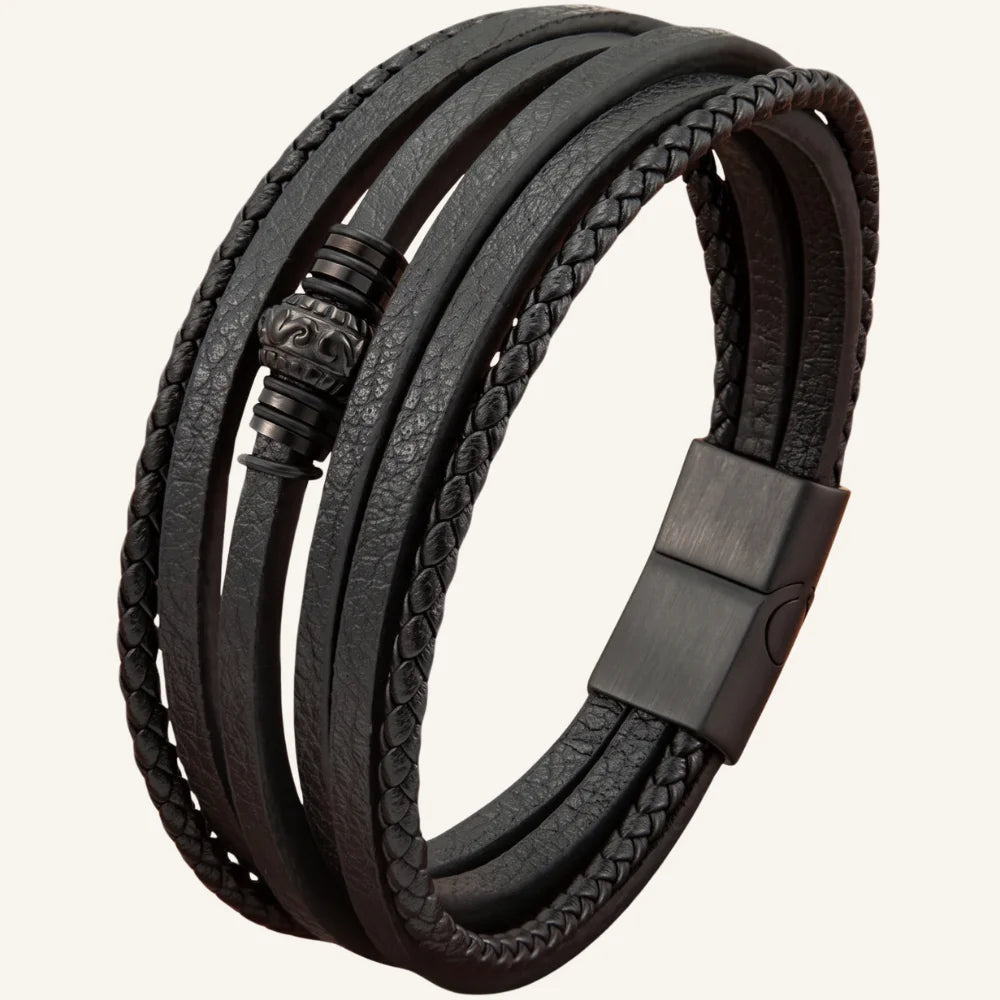 bracelet en cuir multi-rangs acier gravé