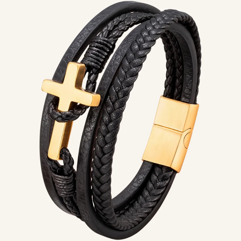 bracelet en cuir multi-rangs croix