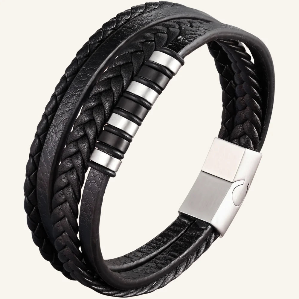 bracelet en cuir multi-rangs et acier bicolore