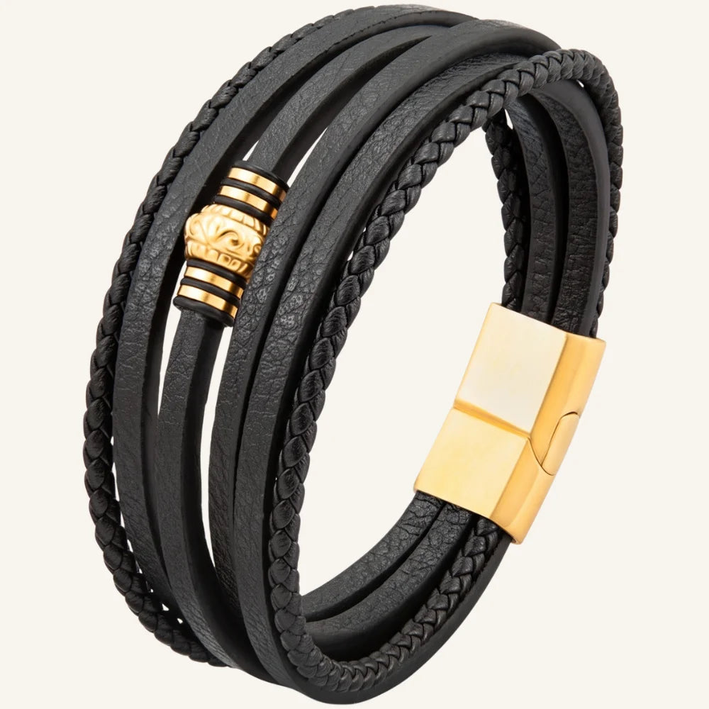bracelet en cuir multi-rangs et acier gravé