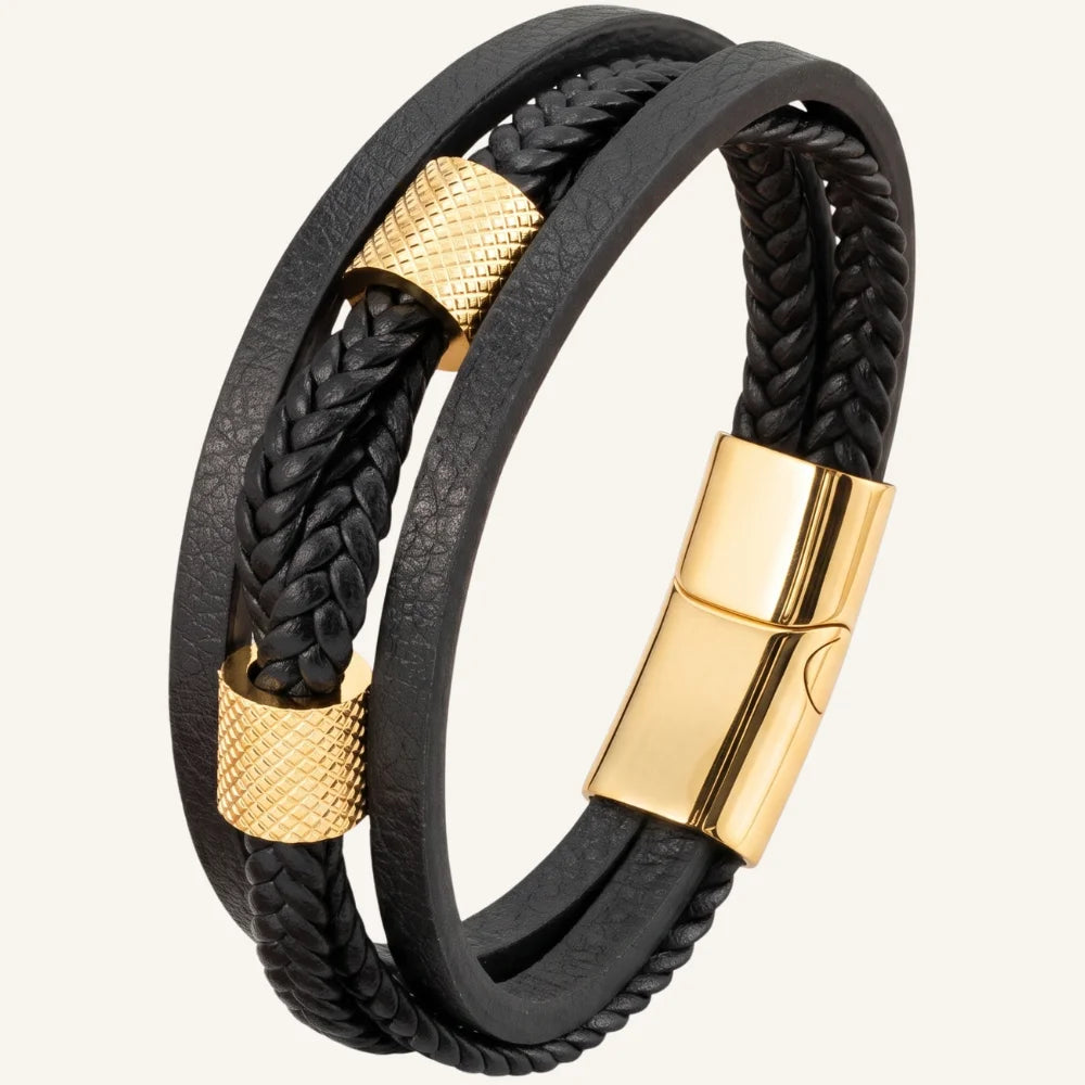 bracelet en cuir multi-rangs et acier