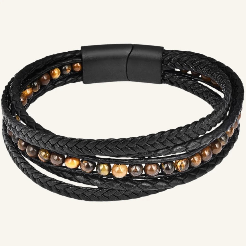 bracelet en cuir multi-rangs pierres œil de tigre