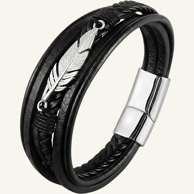 bracelet en cuir multi-rangs plume argenté