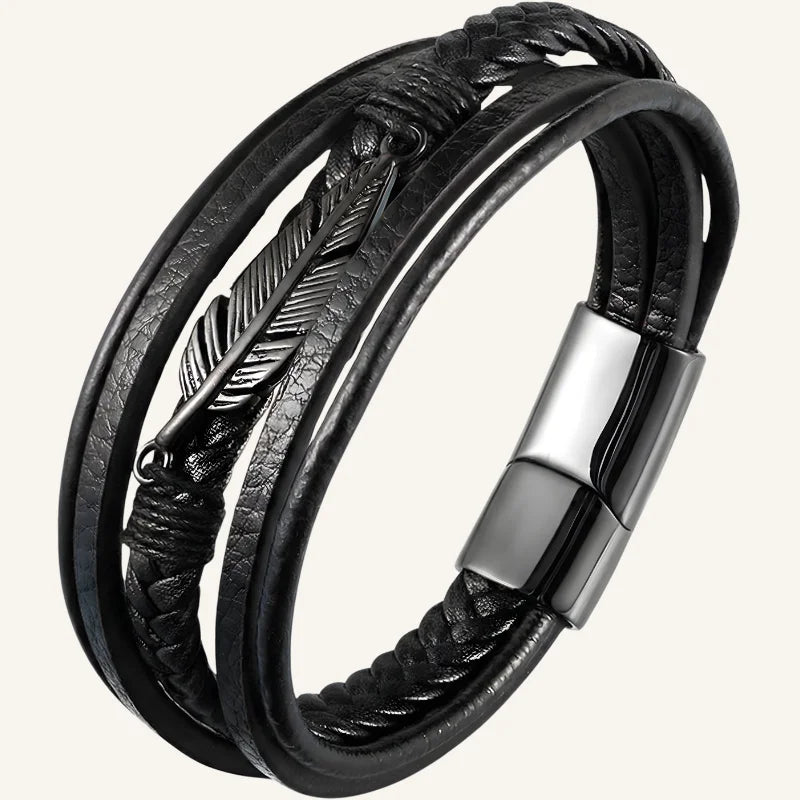 bracelet en cuir multi-rangs plume noir
