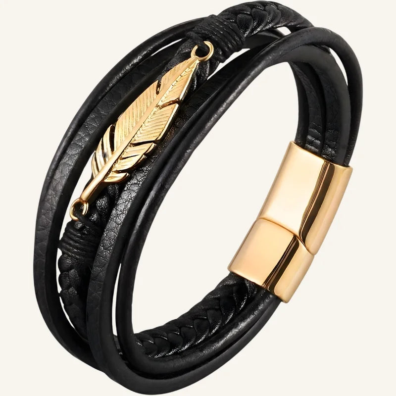 bracelet en cuir multi-rangs plume