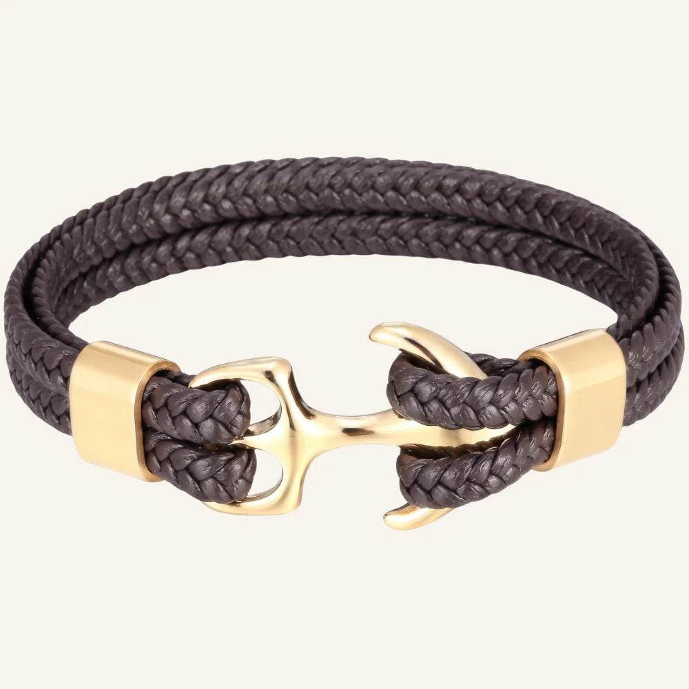 bracelet en cuir tressé double ancre homme marron