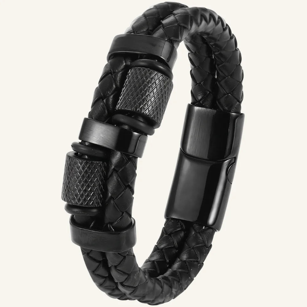 bracelet en cuir tressé double et acier