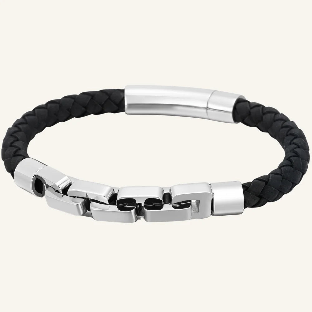 bracelet en cuir tressé et acier maillon