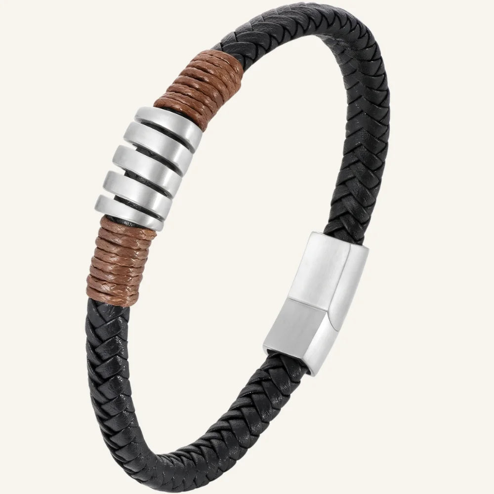 bracelet en cuir tressé et enroulé acier