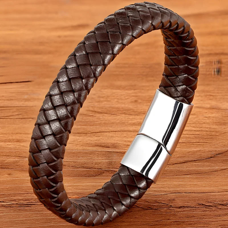 bracelet cuir tressé homme marron argenté