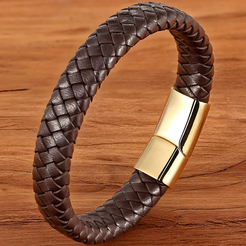 bracelet cuir tressé homme marron doré