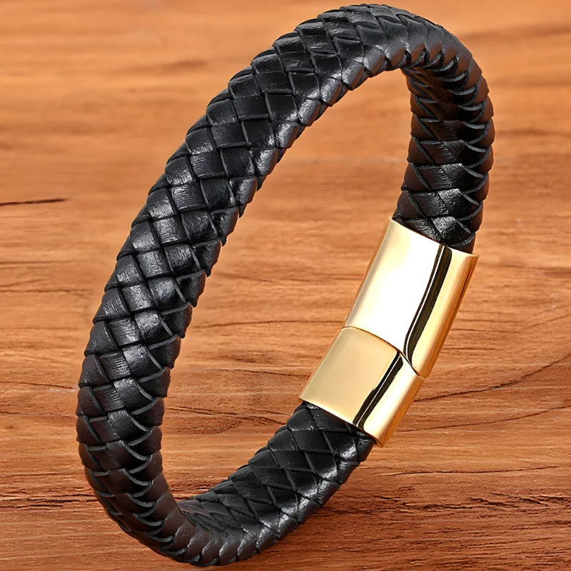 bracelet en cuir tressé homme noir doré