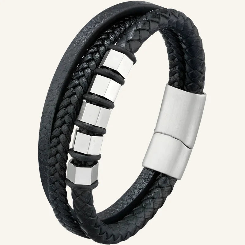 bracelet en cuir triple acier argenté
