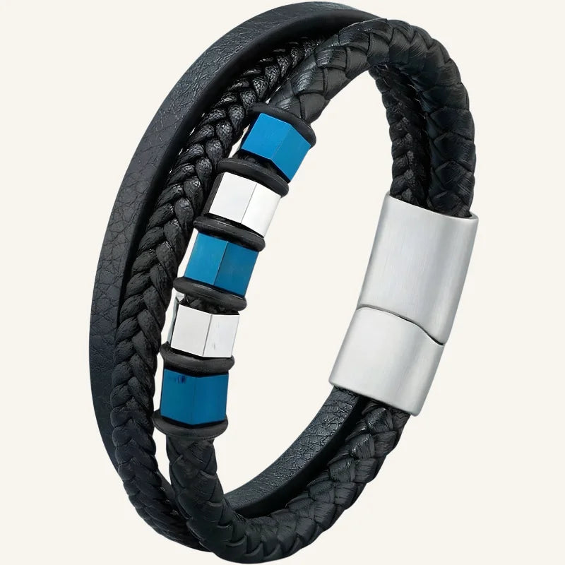 bracelet en cuir triple acier bleu