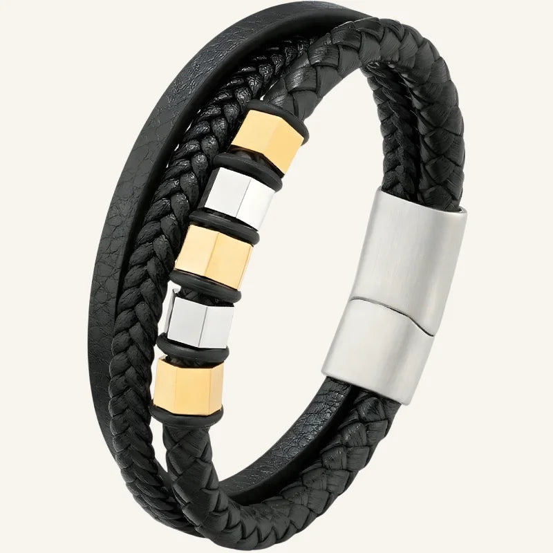 bracelet en cuir triple acier doré