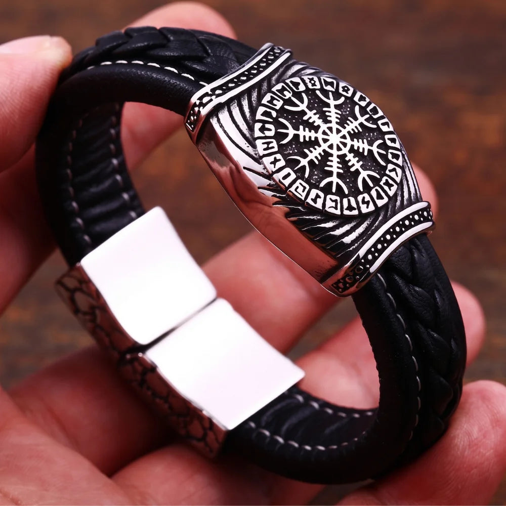 bracelet épais cuir boussole viking