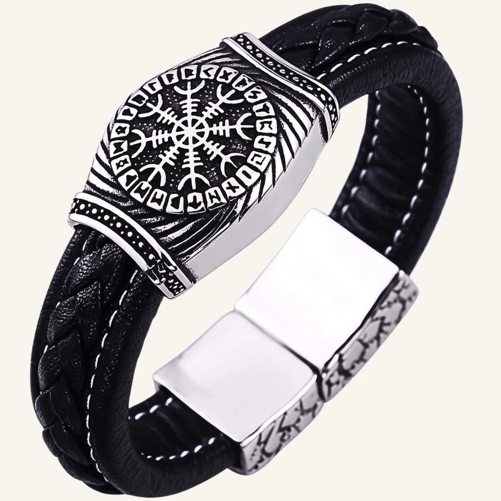 bracelet épais en cuir boussole viking