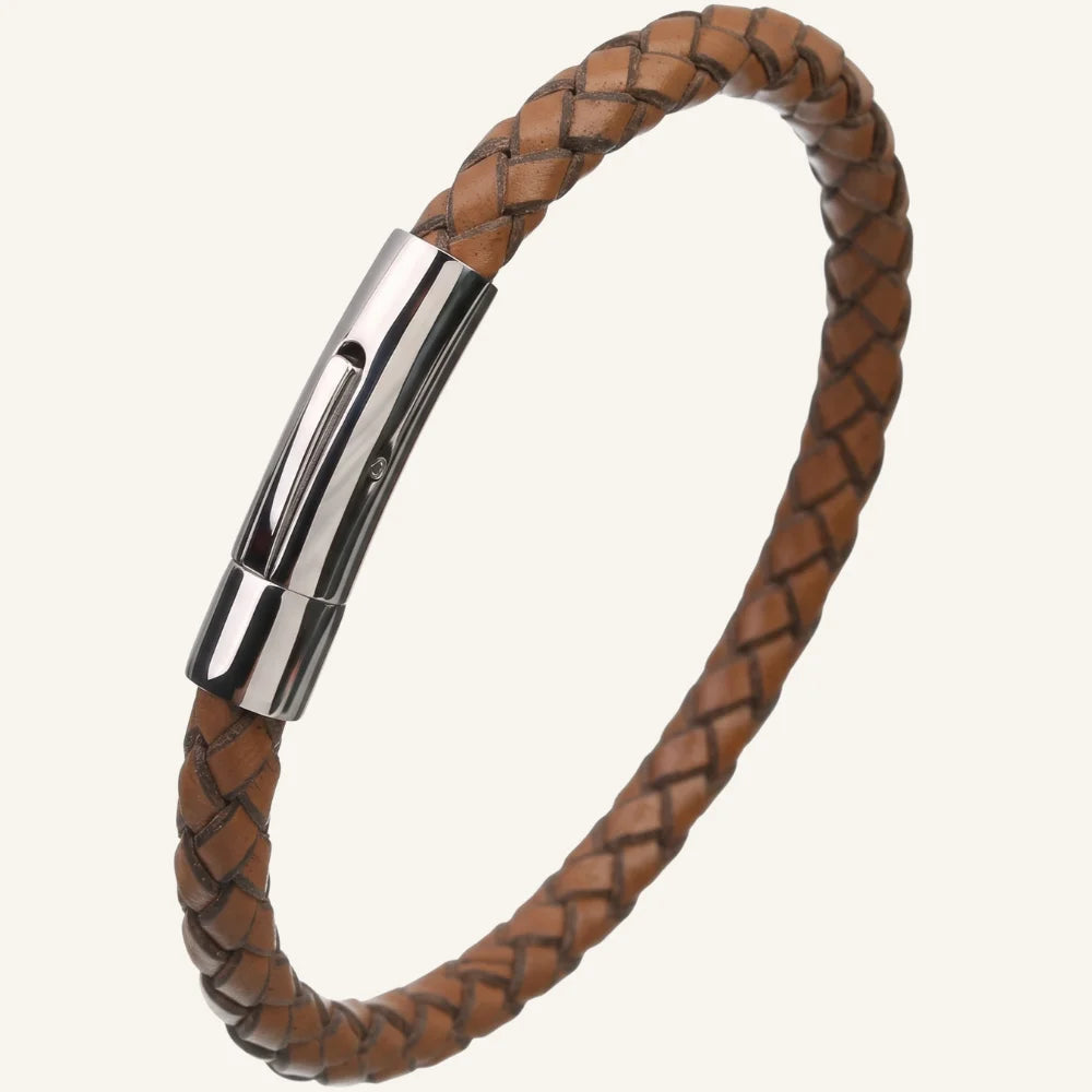 bracelet fin cuir tressé acier