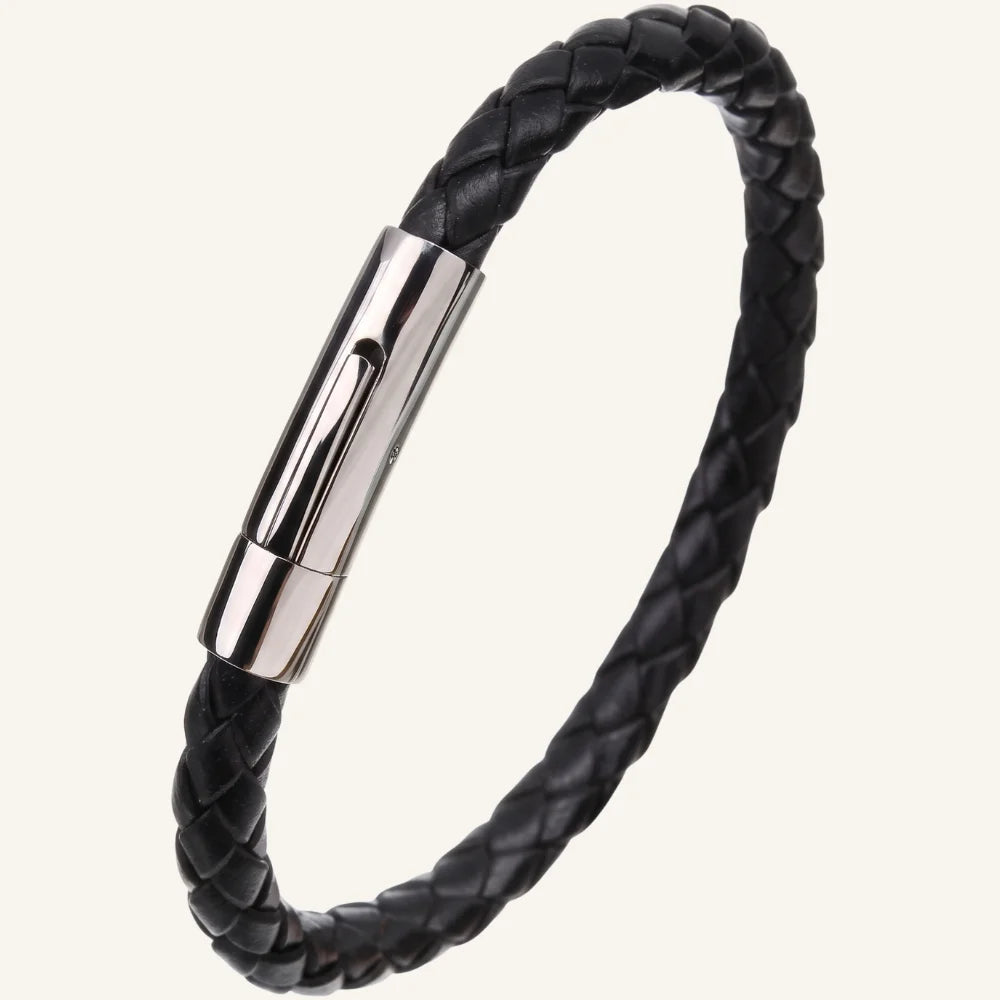 bracelet fin cuir tressé et acier