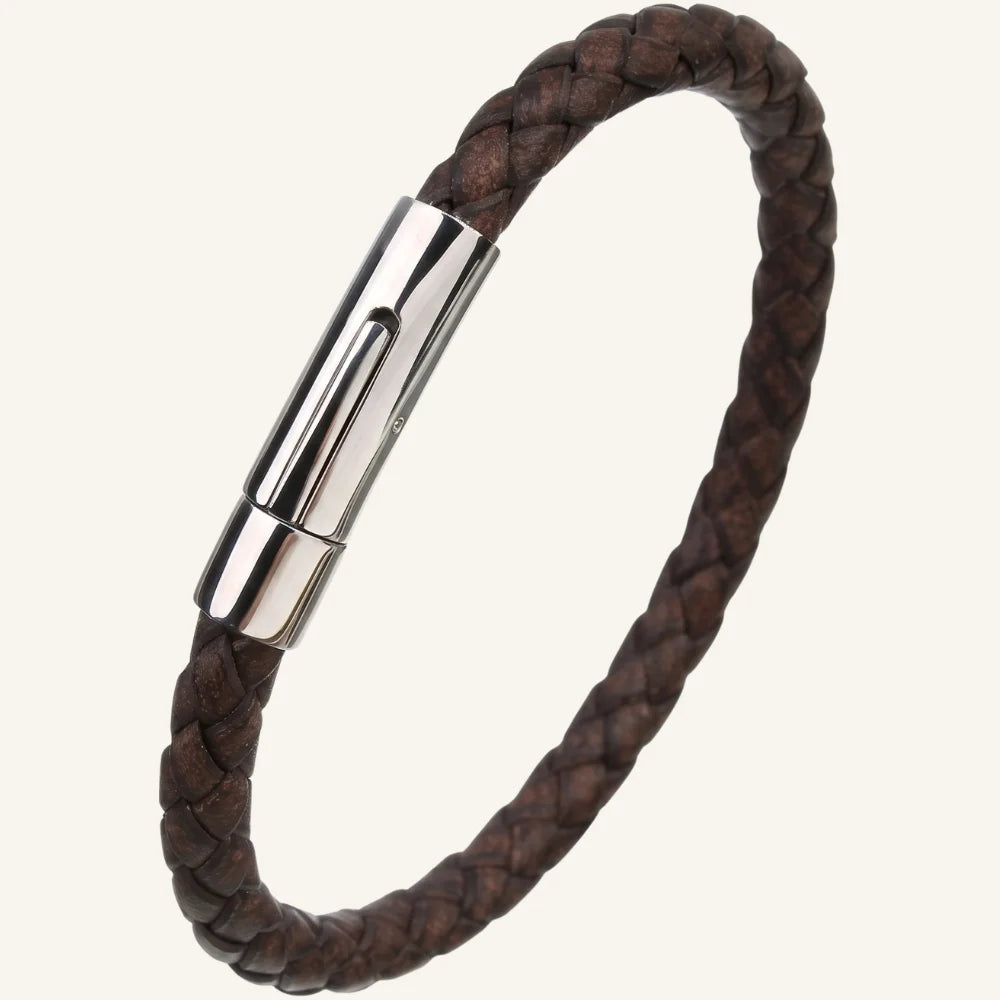 bracelet fin en cuir tressé acier