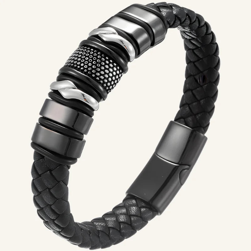 bracelet homme acier et cuir noir