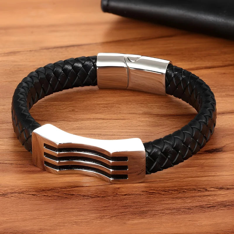 bracelet homme cuir acier argenté