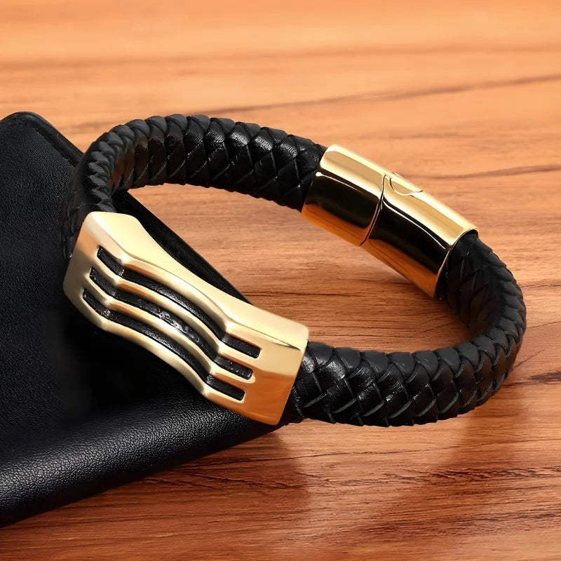 bracelet homme cuir acier doré