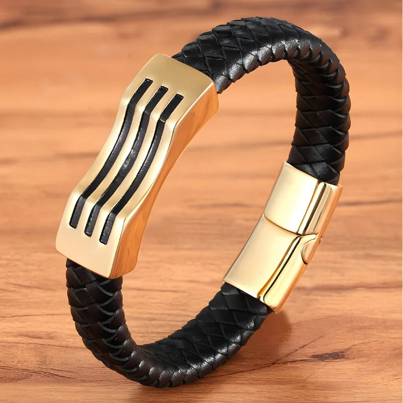 bracelet homme cuir acier noir doré